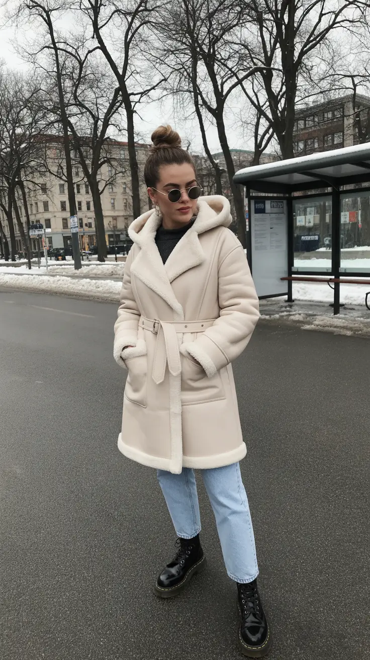 New Outfit Inspiration for Winter 2025 - 2026 - Cream Shearling Belted Coat With Light Denim and Combat Boots