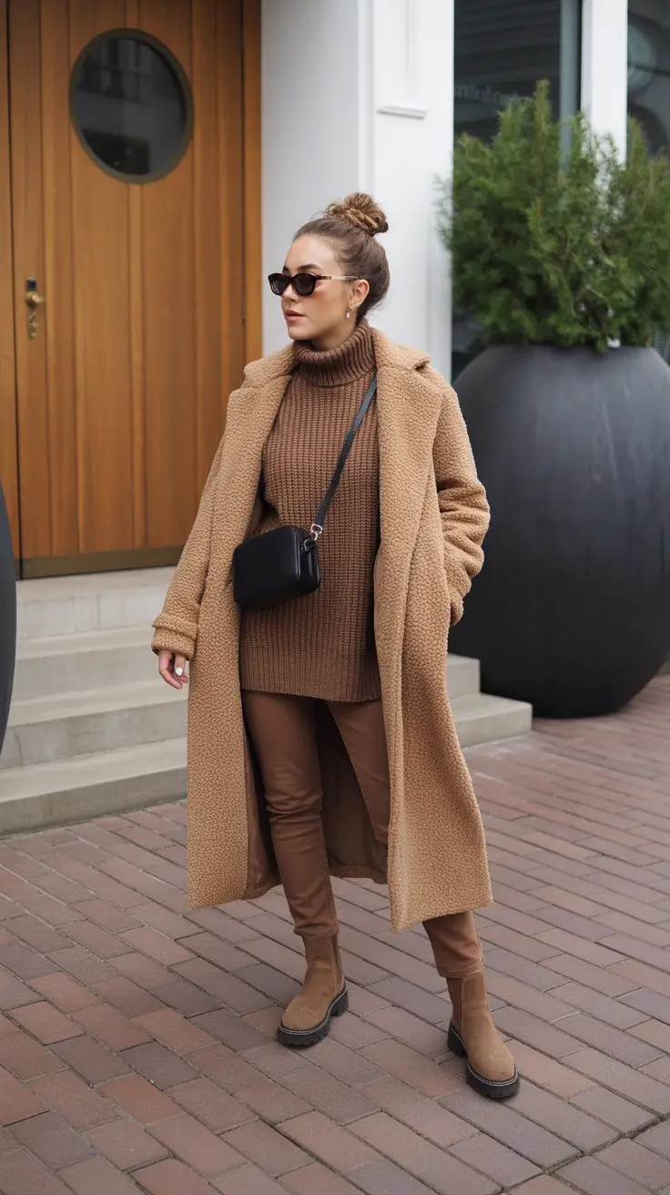 New Outfit Inspiration for Winter 2025 - 2026 - Tonally Toasty Browns With a Teddy Coat