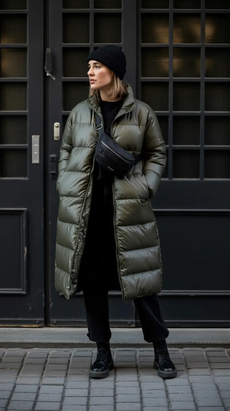New Outfit Inspiration for Winter 2025 - 2026 - Olive Puffer With Beanie and Belt Bag