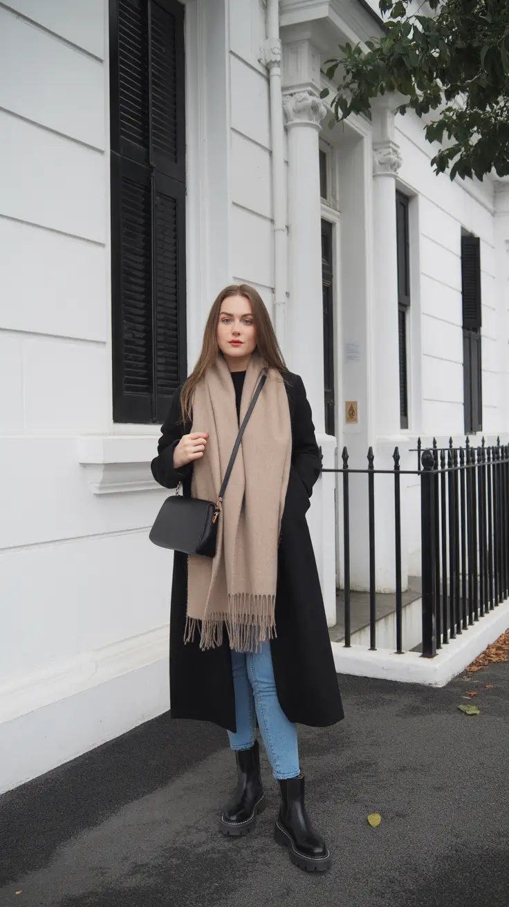 New Outfit Inspiration for Winter 2025 - 2026 - Black Coat with Taupe Scarf and Chunky Chelsea Boots