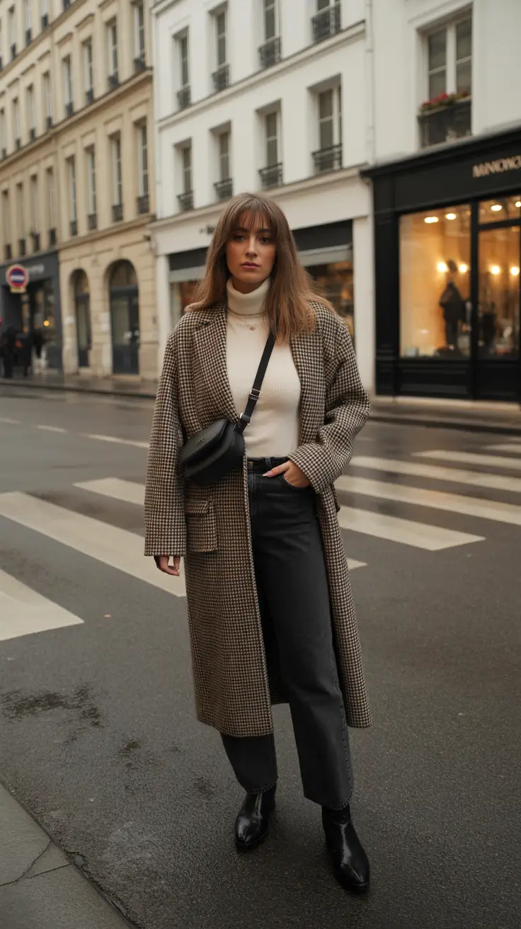 New Outfit Inspiration for Winter 2025 - 2026 - Houndstooth Wrap Coat with Cream Knit and Black Denim