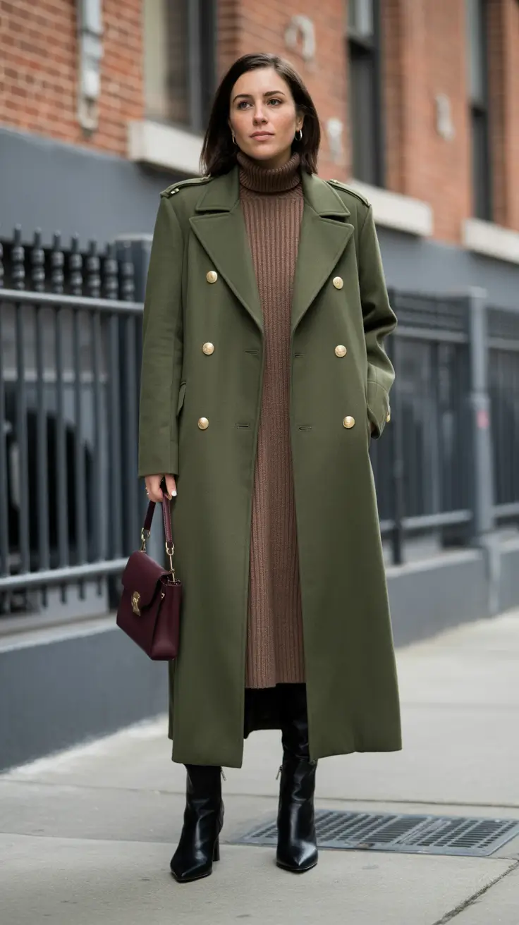 New Outfit Inspiration for Winter 2025 - 2026 - Olive Military Coat + Knit Column - Heritage With a Wink