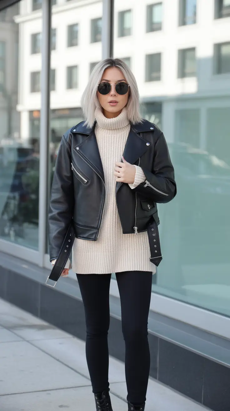 New Outfit Inspiration for Winter 2025 - 2026 - Moto Over Knit - Off-Duty Edge That Still Warms Up