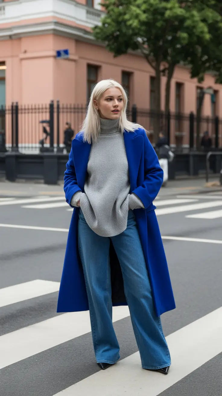 New Outfit Inspiration for Winter 2025 - 2026 - Cobalt Coat + Denim - Color Therapy on a Frosty Morning
