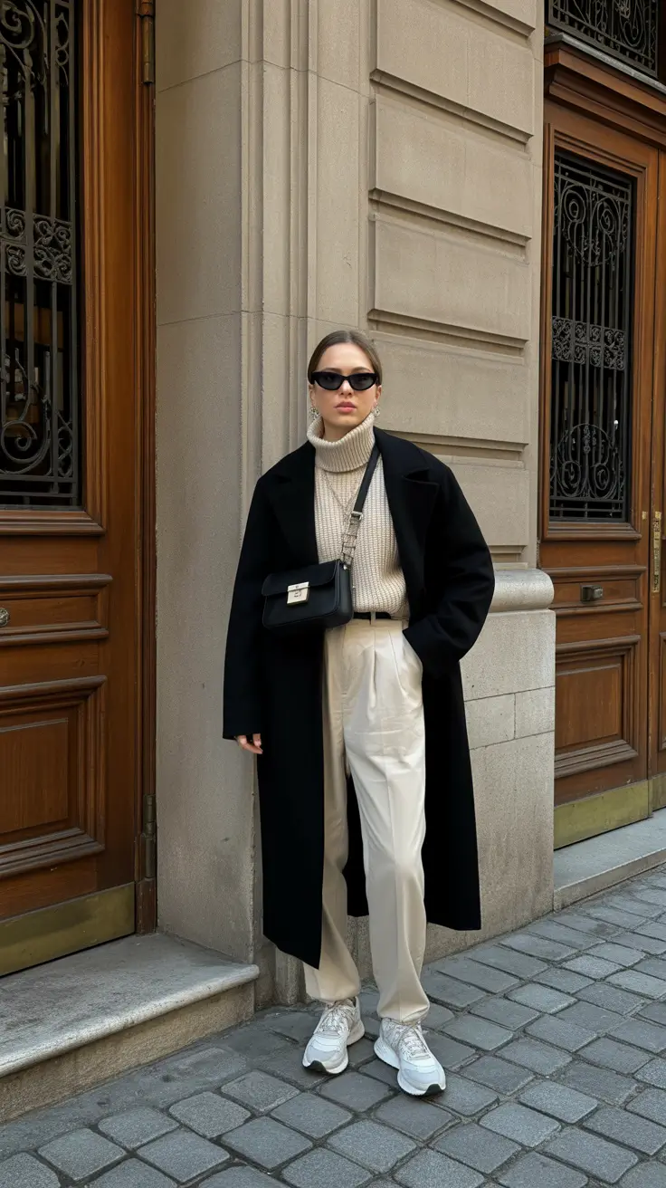 New Outfit Inspiration for Winter 2025 - 2026 - Black Coat, Cream Knit, White Sneaker Energy