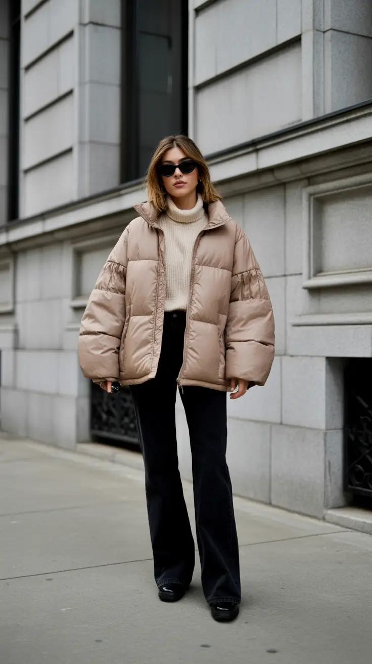 New Outfit Inspiration for Winter 2025 - 2026 - Taupe Puffer + Flares - Cozy Volume, Long Lines