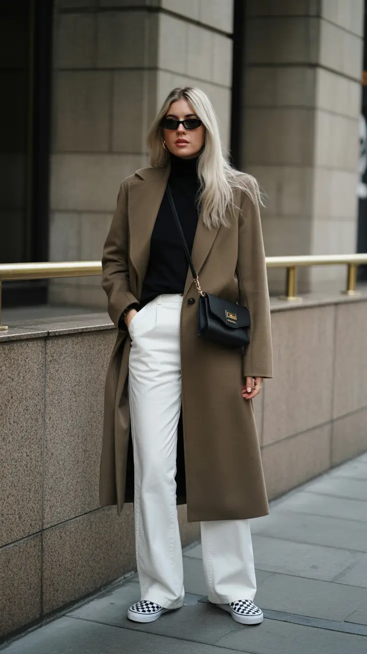 New Outfit Inspiration for Winter 2025 - 2026 - Camel Coat, Black Turtleneck, White Denim - The High-Low Classic