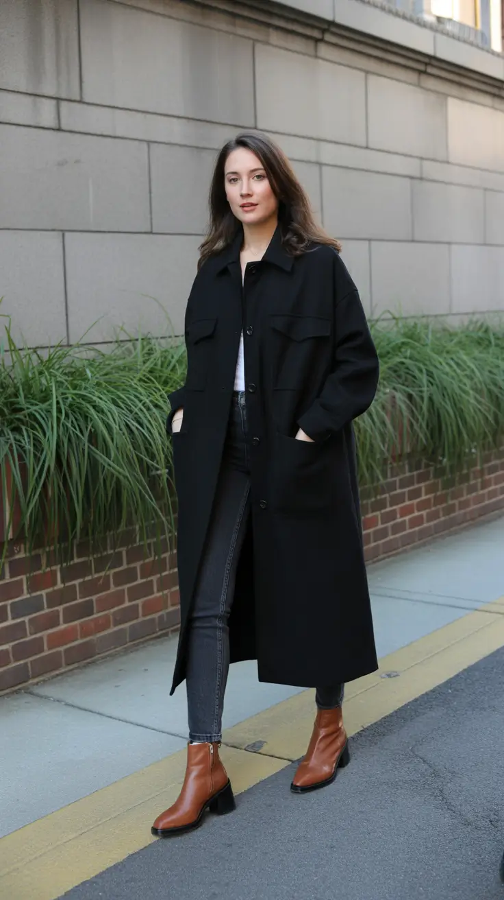 New Outfit Inspiration for Winter 2025 - 2026 - Long Black Car Coat With Cognac Boots