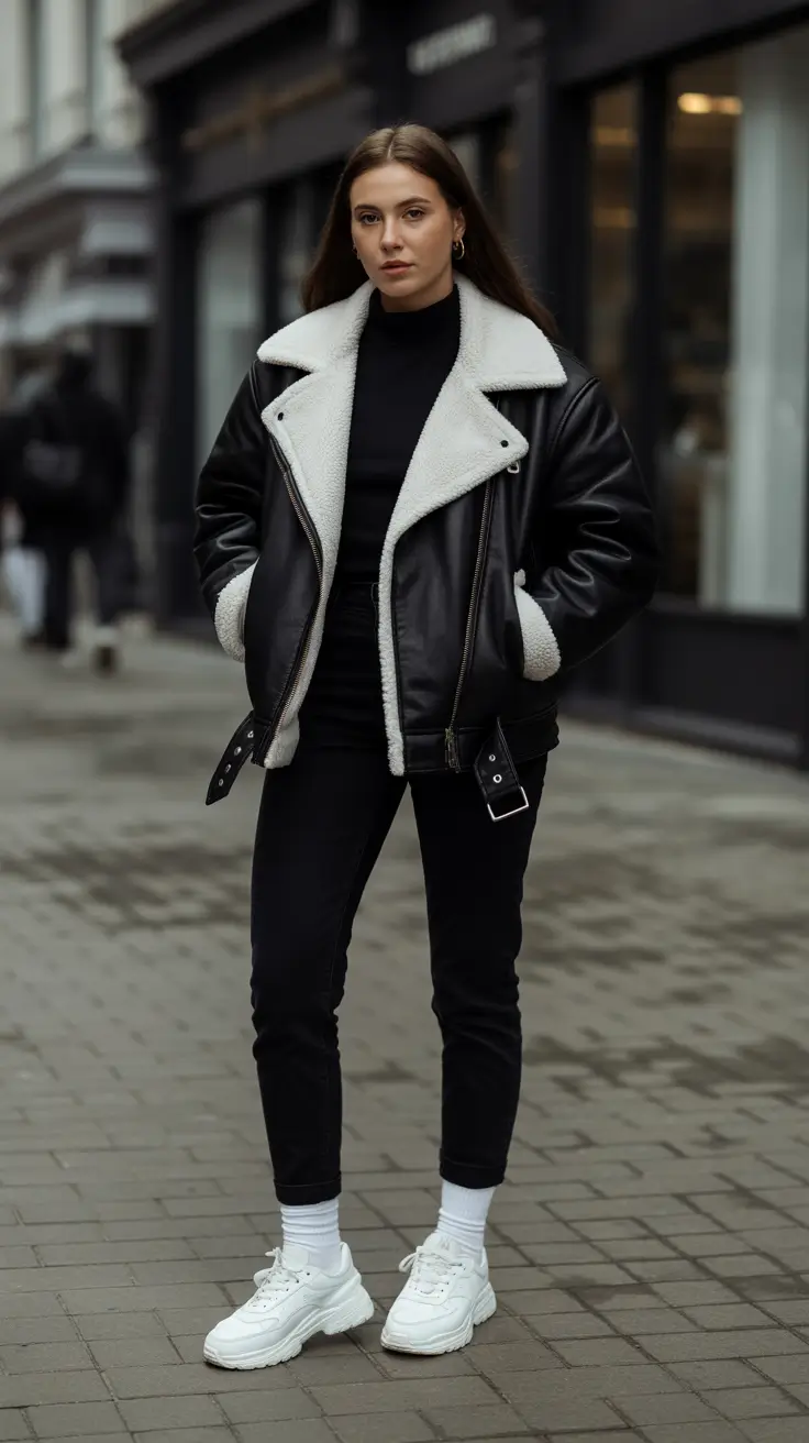 New Outfit Inspiration for Winter 2025 - 2026 - Aviator Jacket With Shearling and Crisp White Sneakers