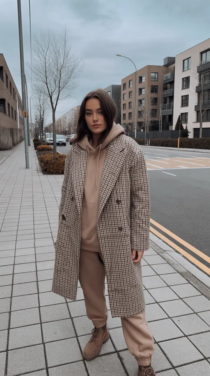 New Outfit Inspiration for Winter 2025 - 2026 - Hoodie Set Under a Checked Coat