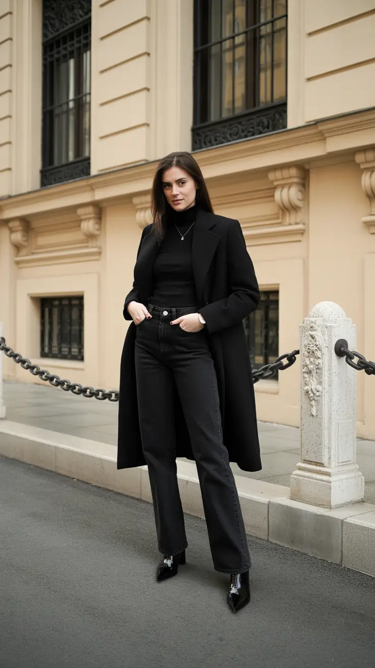 New Outfit Inspiration for Winter 2025 - 2026 - Blackout Minimalism - The Long Coat + Turtleneck Formula