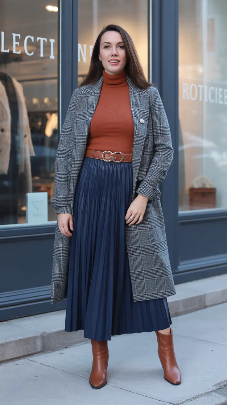 Outfits for Women Over 40 Winter 2025 - 2026 - Heritage Check With Rust Turtleneck and Navy Pleats