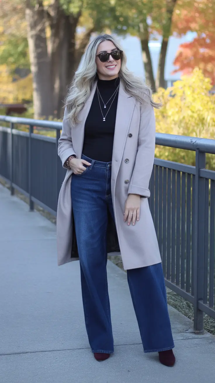 Outfits for Women Over 40 Winter 2025 - 2026 - Soft-Neutral Coat with Jet-Black Turtleneck and Wide-Leg Denim
