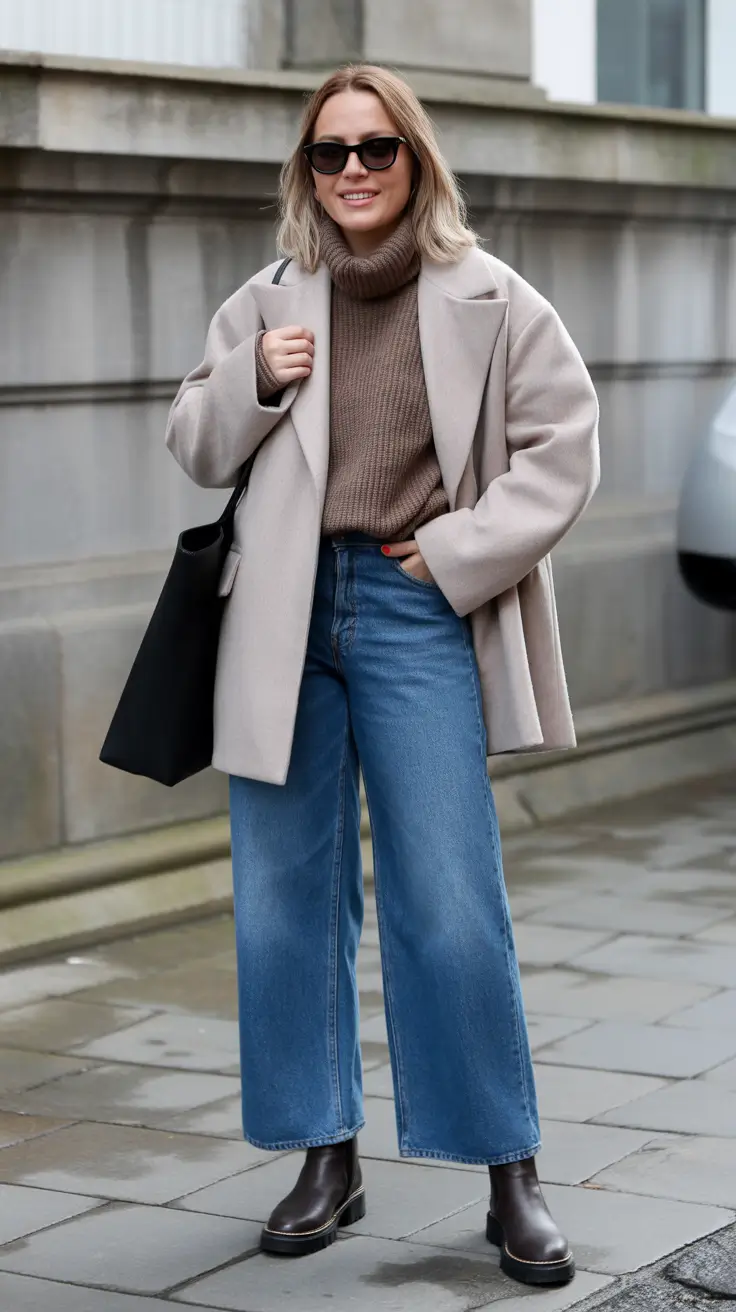 Outfits for Women Over 40 Winter 2025 - 2026 - Cocoa Turtleneck with Cropped-Wide Denim and Taupe Topcoat