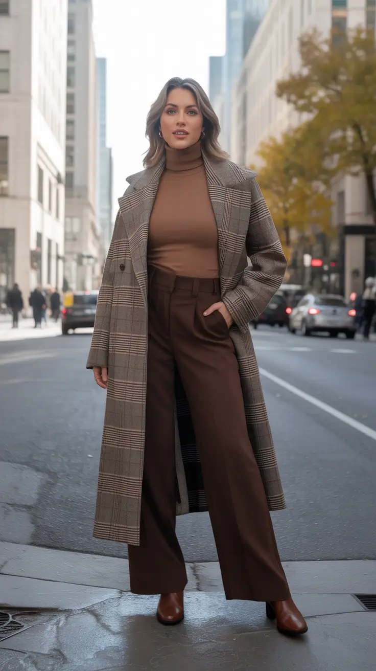 Outfits for Women Over 40 Winter 2025 - 2026 - Chocolate Monochrome Under Glen Plaid