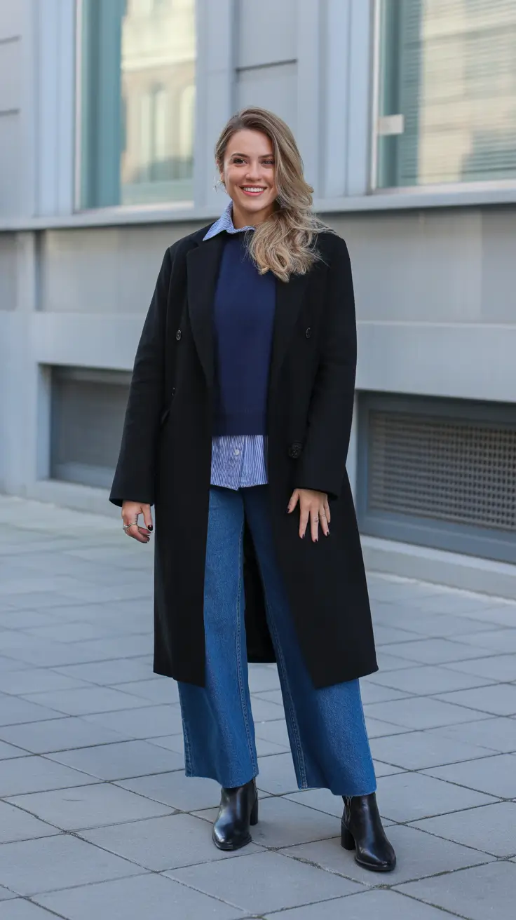 Outfits for Women Over 40 Winter 2025 - 2026 - Navy Sweater Layering With Cropped Wide-Leg Denim
