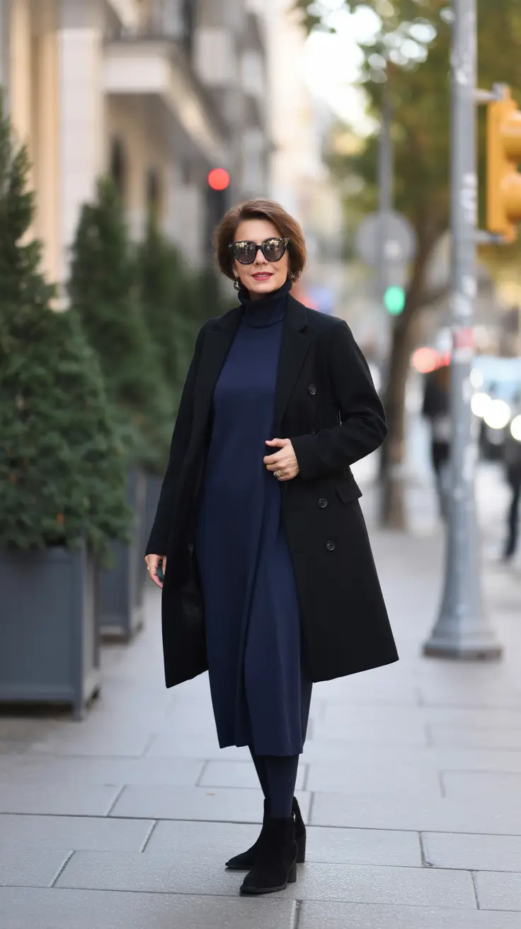 Outfits for Women Over 40 Winter 2025 - 2026 - Midnight Knit Dress With Tailored Black Topper