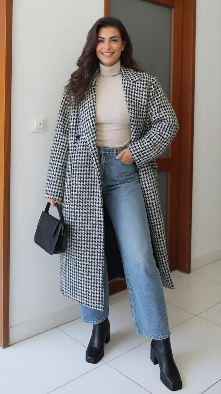 Outfits for Women Over 40 Winter 2025 - 2026 - Houndstooth Coat with Denim Ease