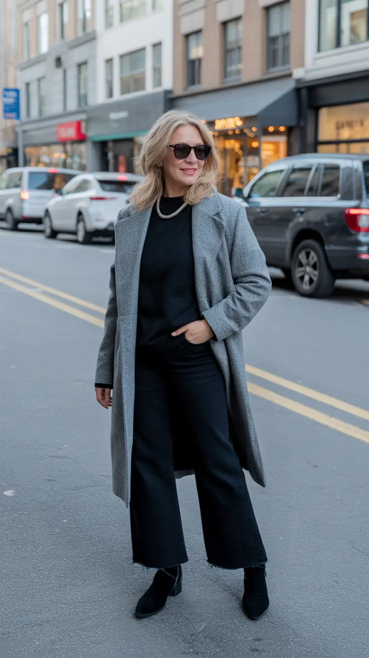Outfits for Women Over 40 Winter 2025 - 2026 - Gray Coat Over All-Black - Wide Hem, Sleek Shape