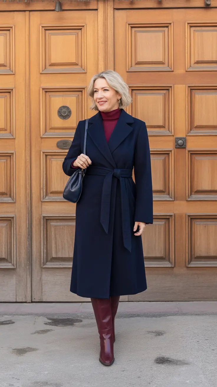 Outfits for Women Over 40 Winter 2025 - 2026 - Navy Wrap Coat With Burgundy Accents