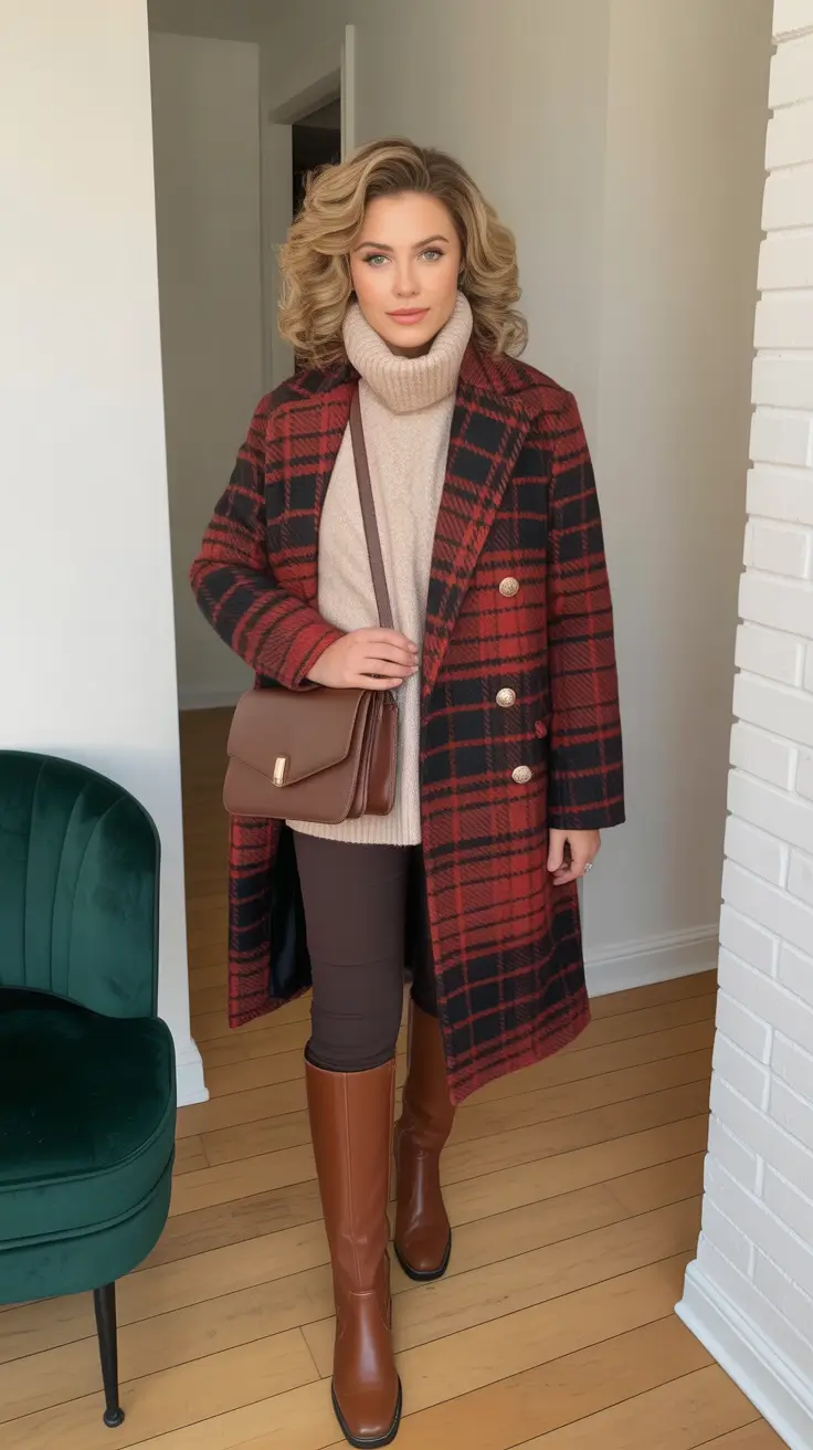 Outfits for Women Over 40 Winter 2025 - 2026 - Warm Plaid with Tall Boots