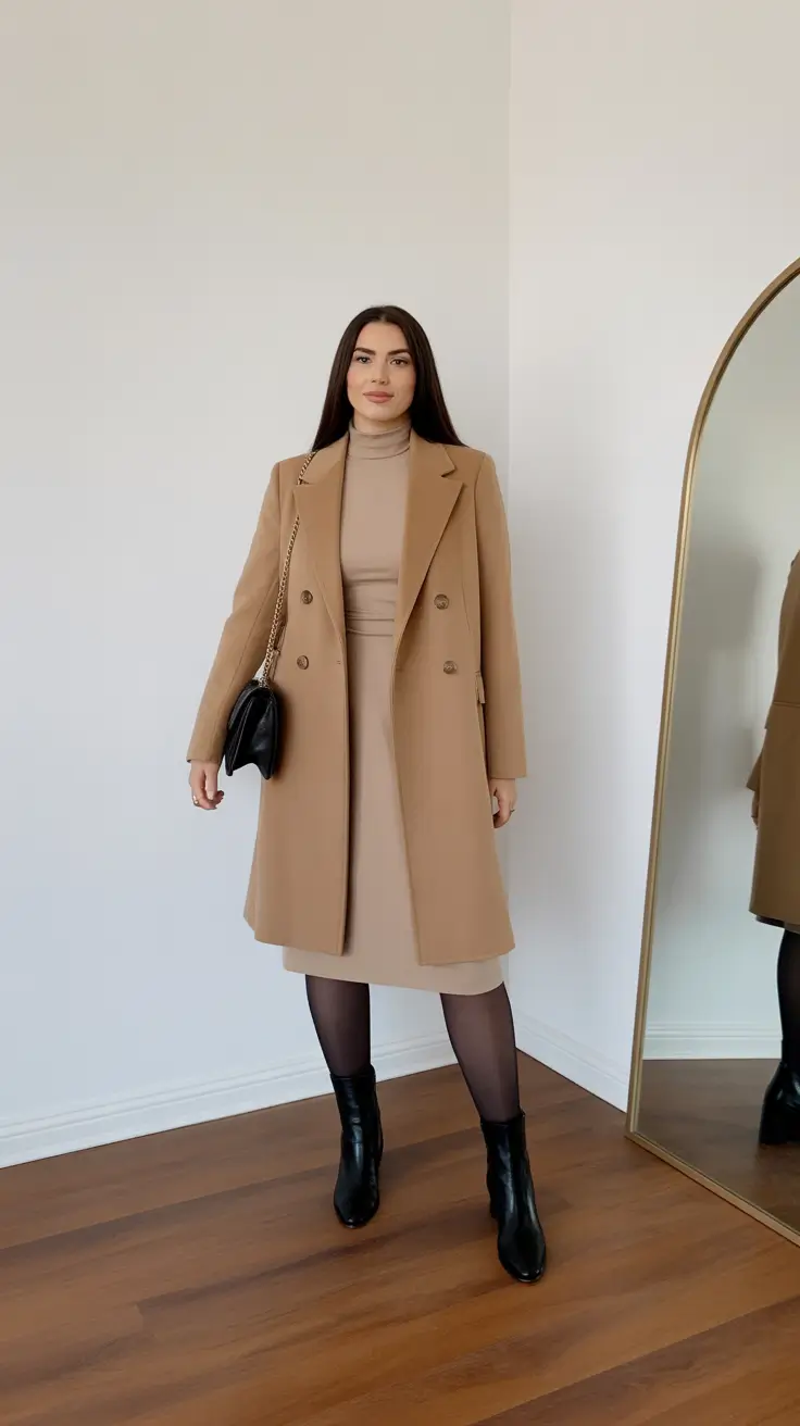 Outfits for Women Over 40 Winter 2025 - 2026 - Honeyed Camel Layers With a Midi and Sleek Ankle Boots