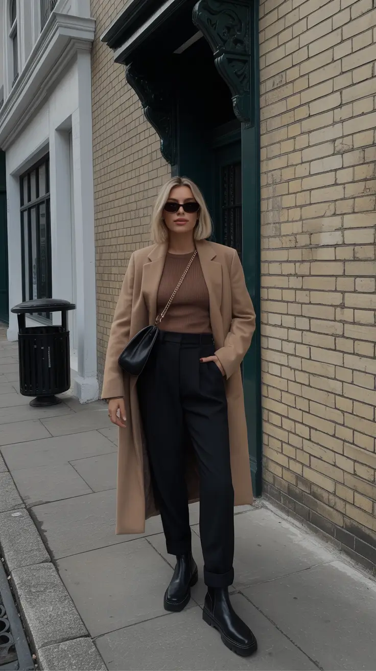 Outfits for Women Over 40 Winter 2025 - 2026 - Camel Coat - Ribbed Knit - Tailored Black Trousers