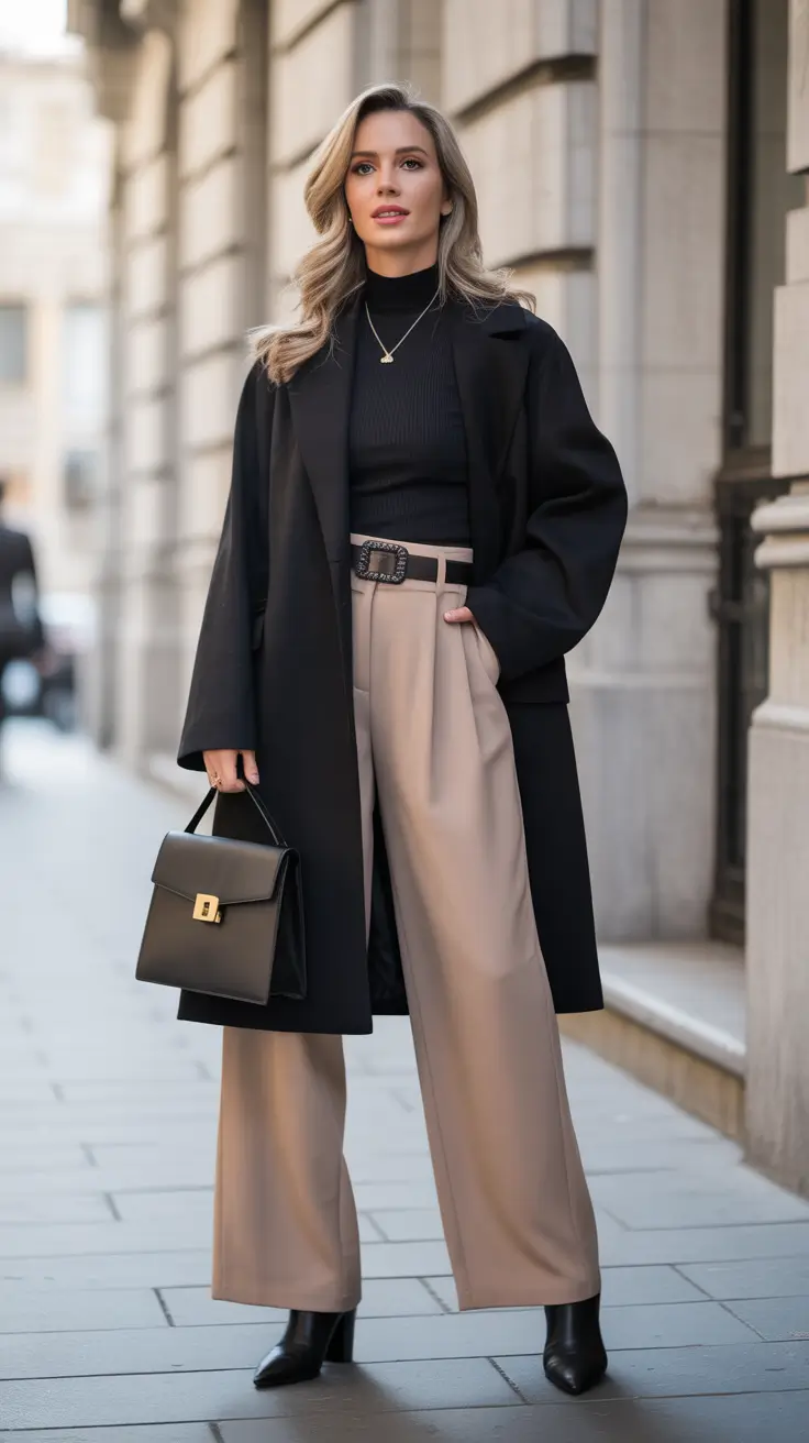 Outfits for Women Over 40 Winter 2025 - 2026 - Black Coat - Biscuit Wide-Leg Trousers - Minimal Knit