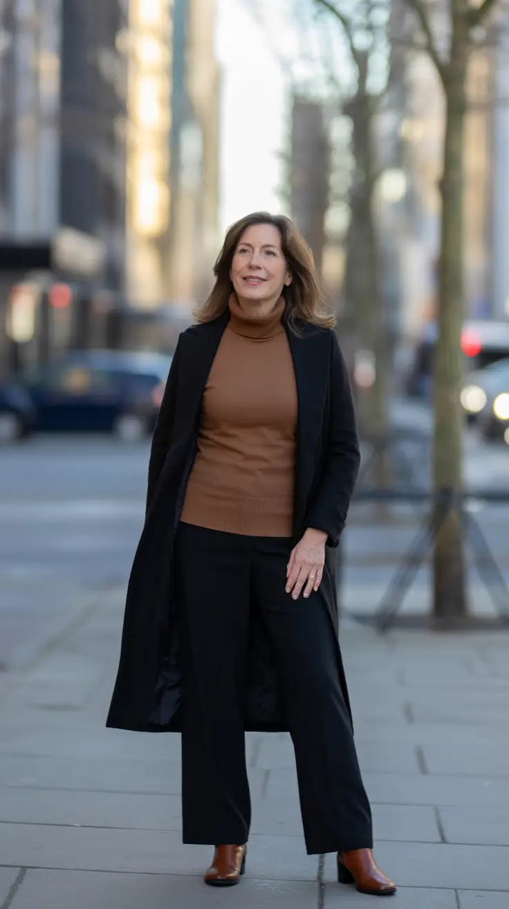 winter outfits over 50 - Mocha Turtleneck With Tailored Black