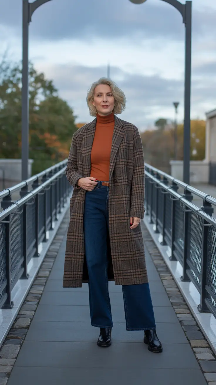 winter outfits over 50 older women - Plaid Coat with Rust Turtleneck and Dark Denim