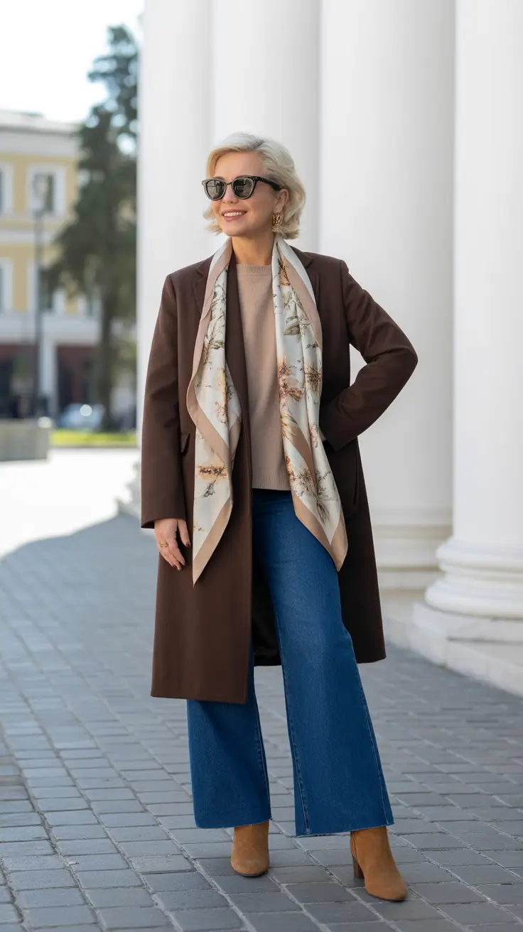 winter outfits over 50 - Chocolate Coat With Silk Scarf And Cropped Denim