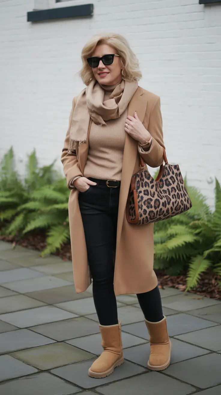 winter outfits over 50 - Camel Layers With Skinny Black And Cozy Boots