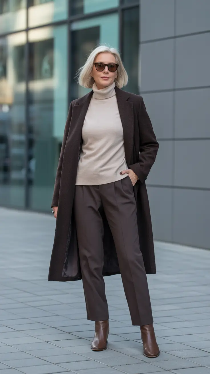 winter outfits over 50 - Tonal Espresso Suiting With Soft Turtleneck