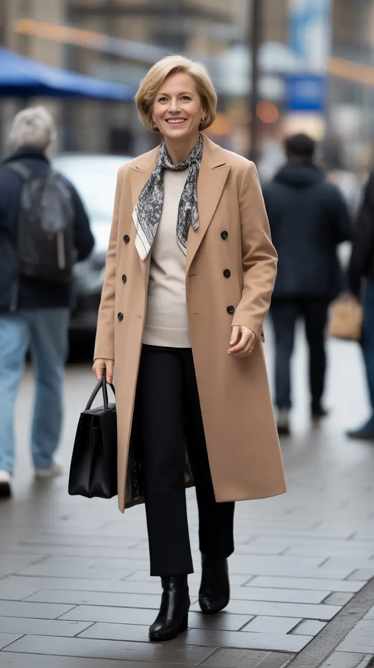 winter outfits over 50 - Double-Breasted Camel With Black Basics And Silk Neck Tie