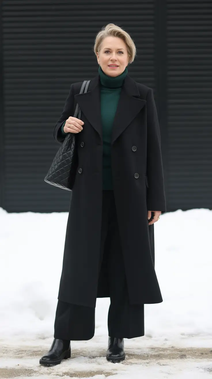 winter outfits over 50 older women - Ink-Black Overcoat with Deep-Teal Turtleneck