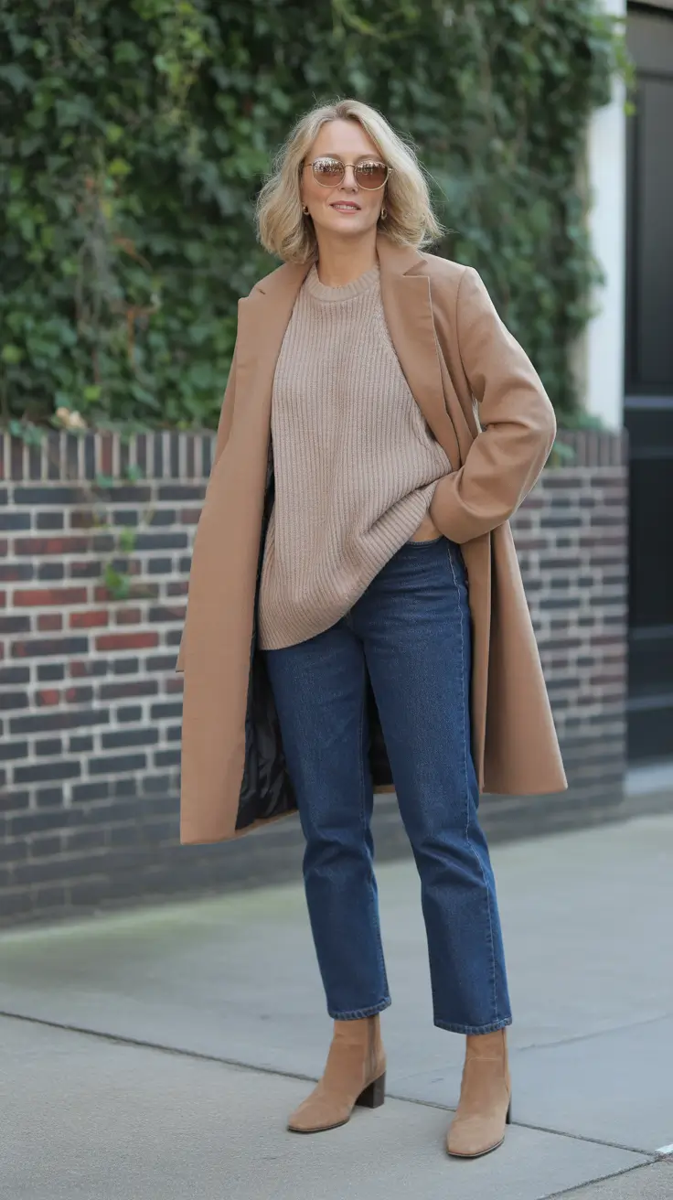 winter outfits over 50 older women - Camel Coat, Ribbed Knit, and Clean Denim