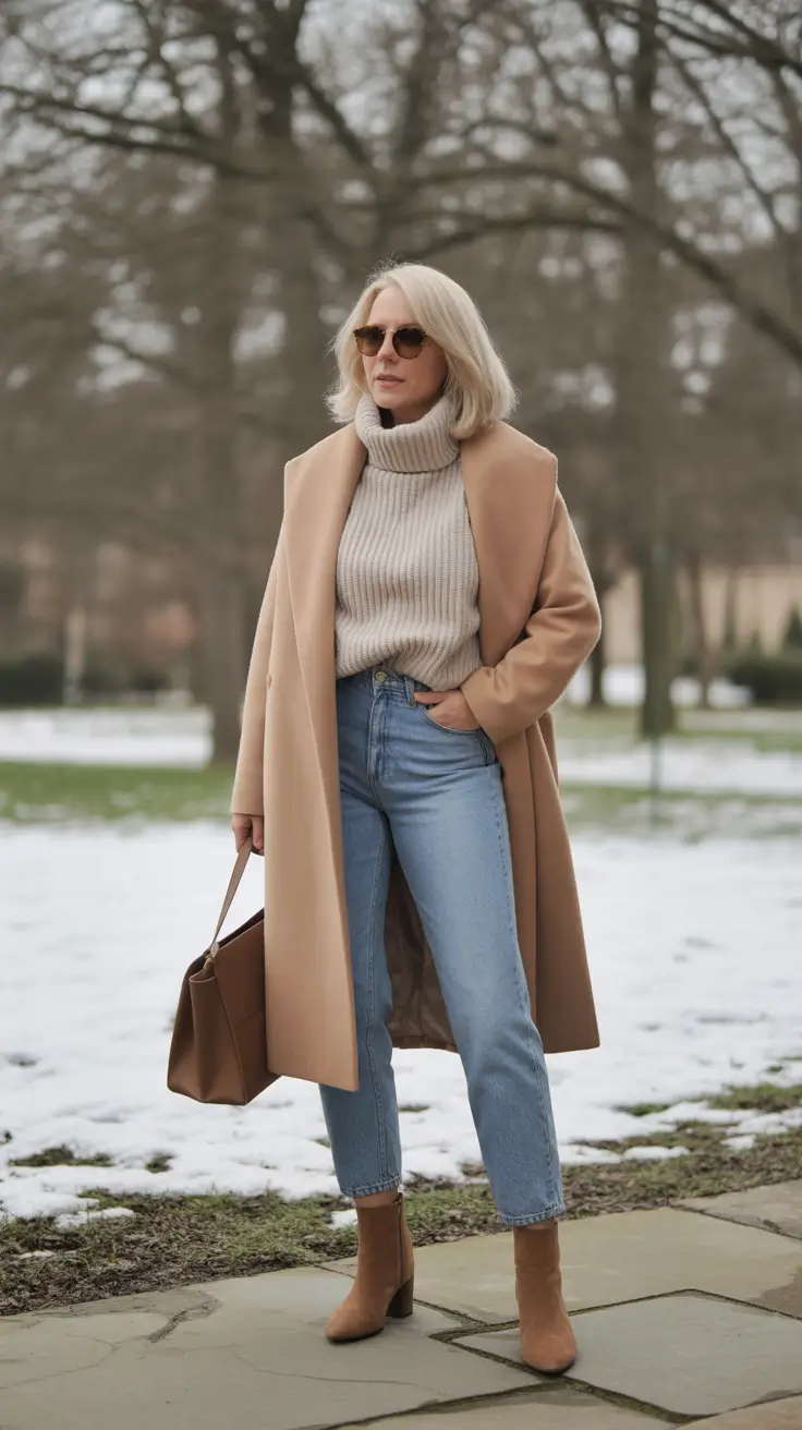winter outfits over 50 - Camel Coat With Creamy Knit And Soft Denim
