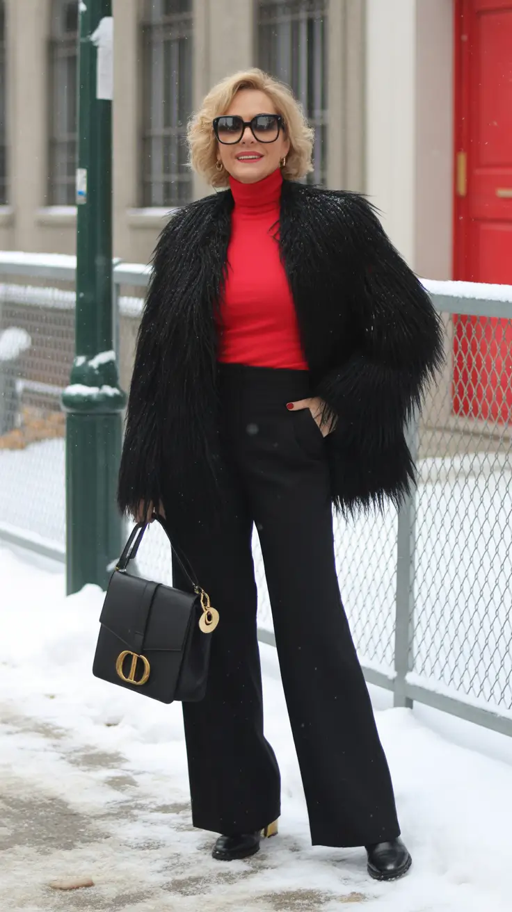 winter outfits over 50 older women - Statement Texture with Flame-Red Turtleneck