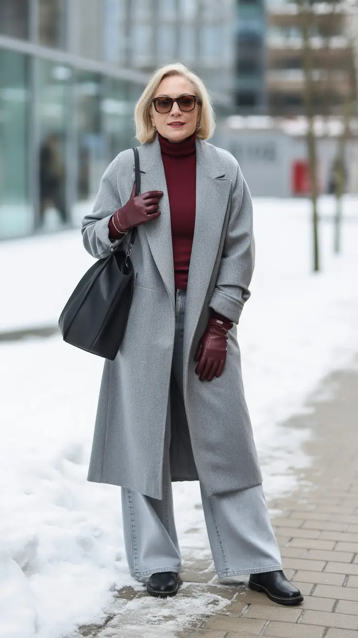 winter outfits over 50 older women - Soft-Grey Monochrome with Wine Accents