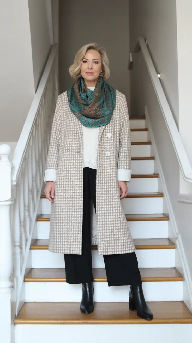 winter outfits over 50 - Houndstooth Coat And Jewel-Toned Scarf