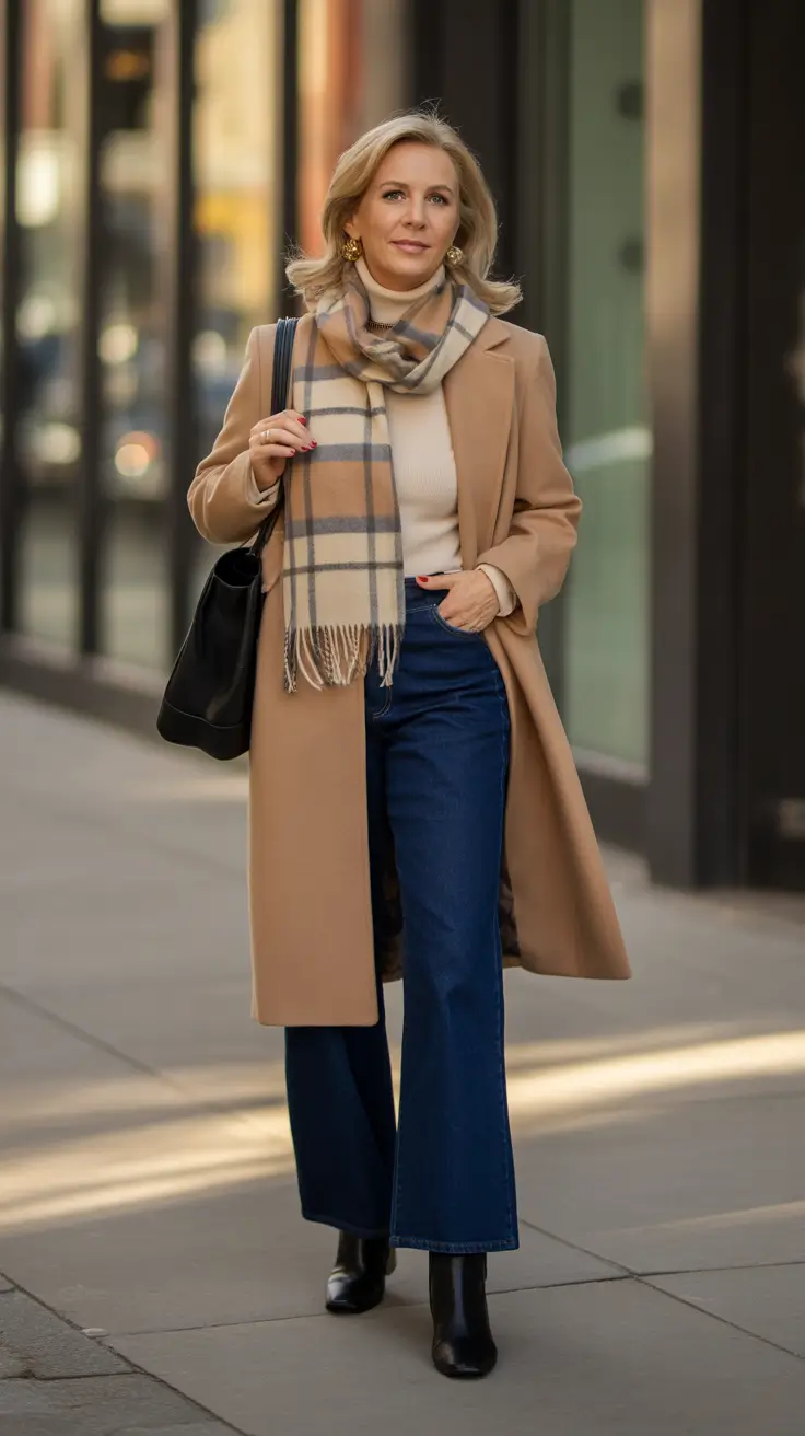 winter outfits over 50 - Camel Coat, Plaid Scarf, Dark Flares