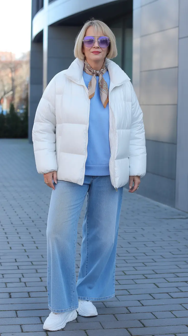 Sporty White Puffer With Blue-On-Blue Denim