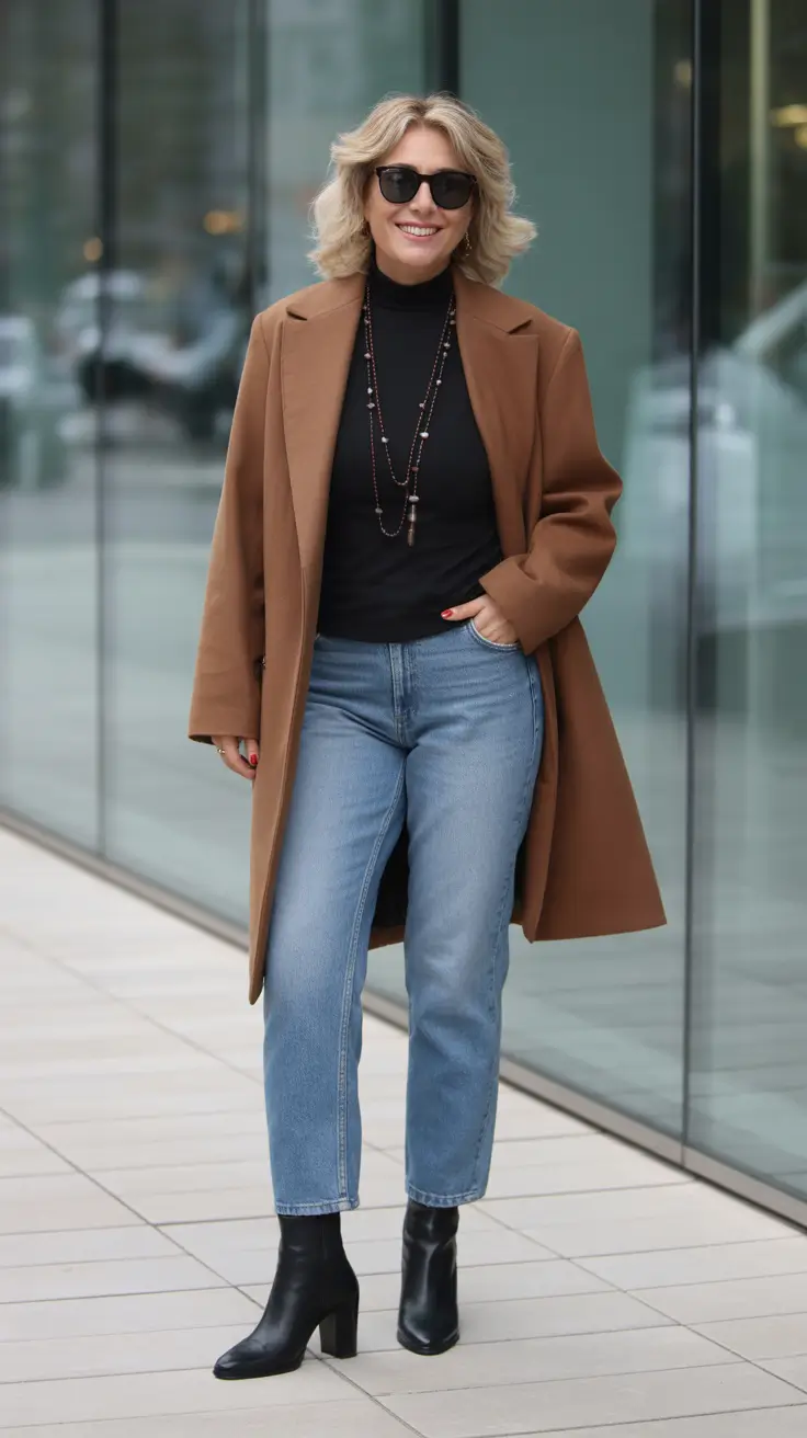 winter outfits over 50 older women - Caramel Coat + Denim and Sleek Black Basics