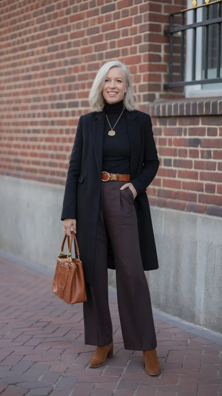 Winter outfits for women over 50: Long black topper, chocolate trousers