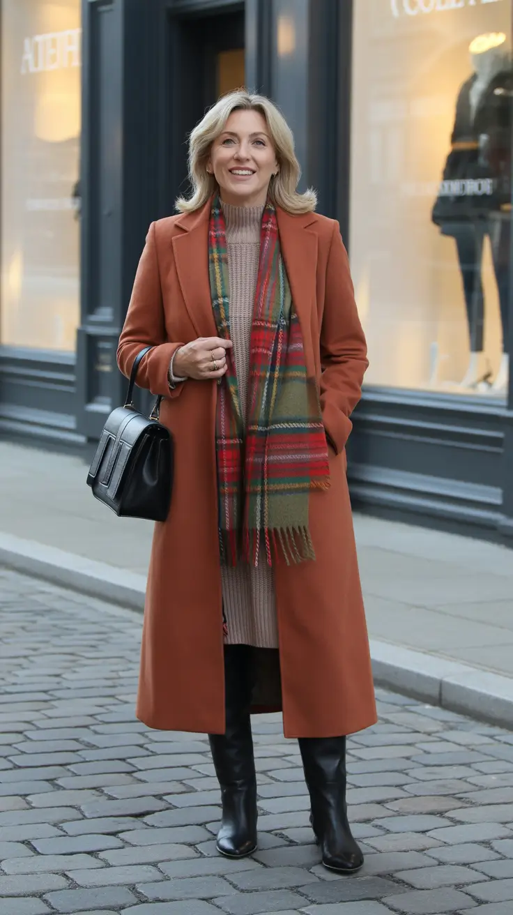 Winter outfits over 50 older women: warm spice coat with knit dress and tall boots