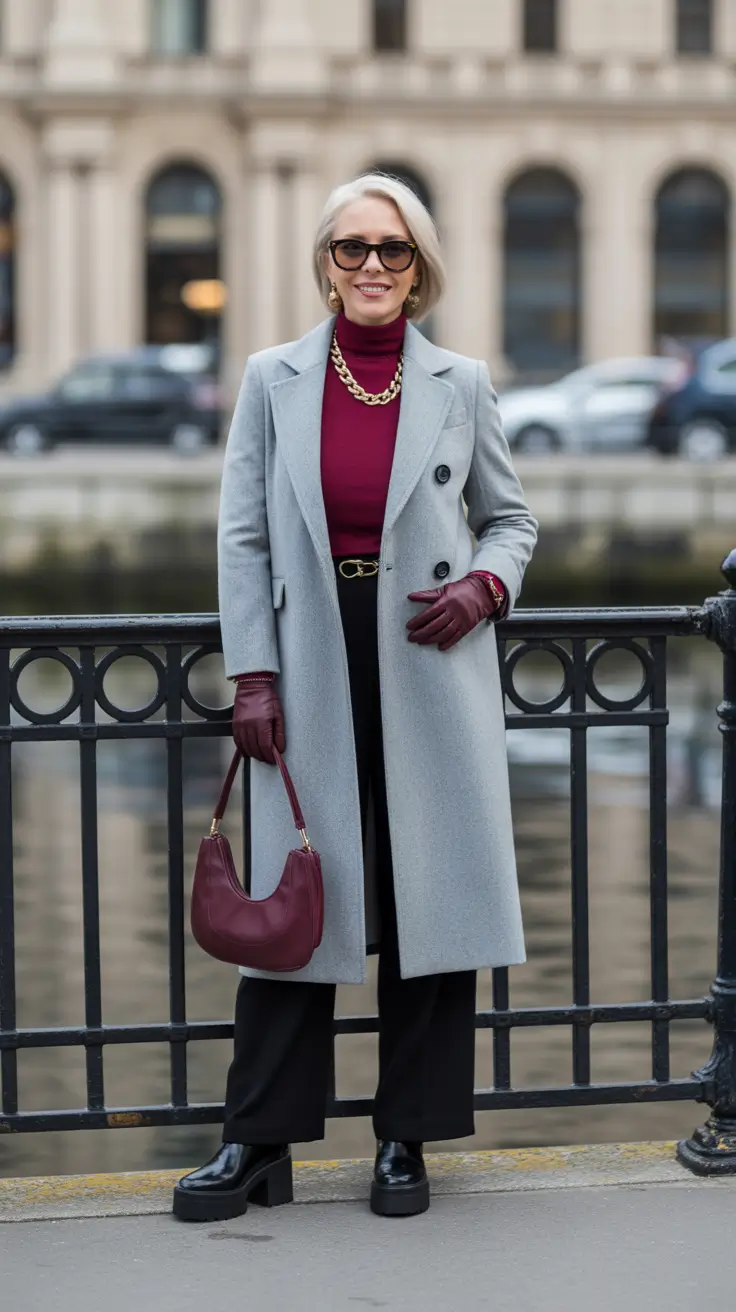 Winter Outfits Over 50 Older Women - Frost Grey Coat with Burgundy Pop