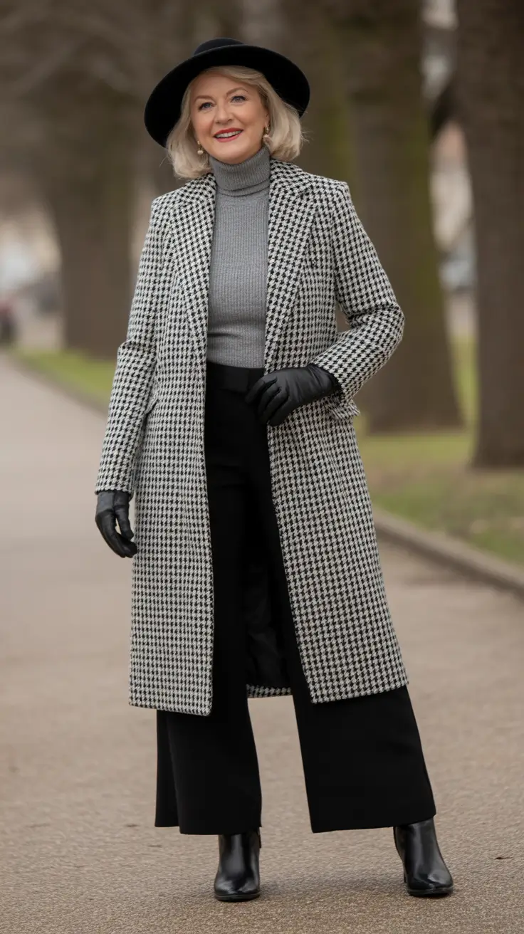 Outfits for Women Over 60 Winter 2025 2026 - Houndstooth Layers - Sharp Monochrome, Warmer Than It Looks