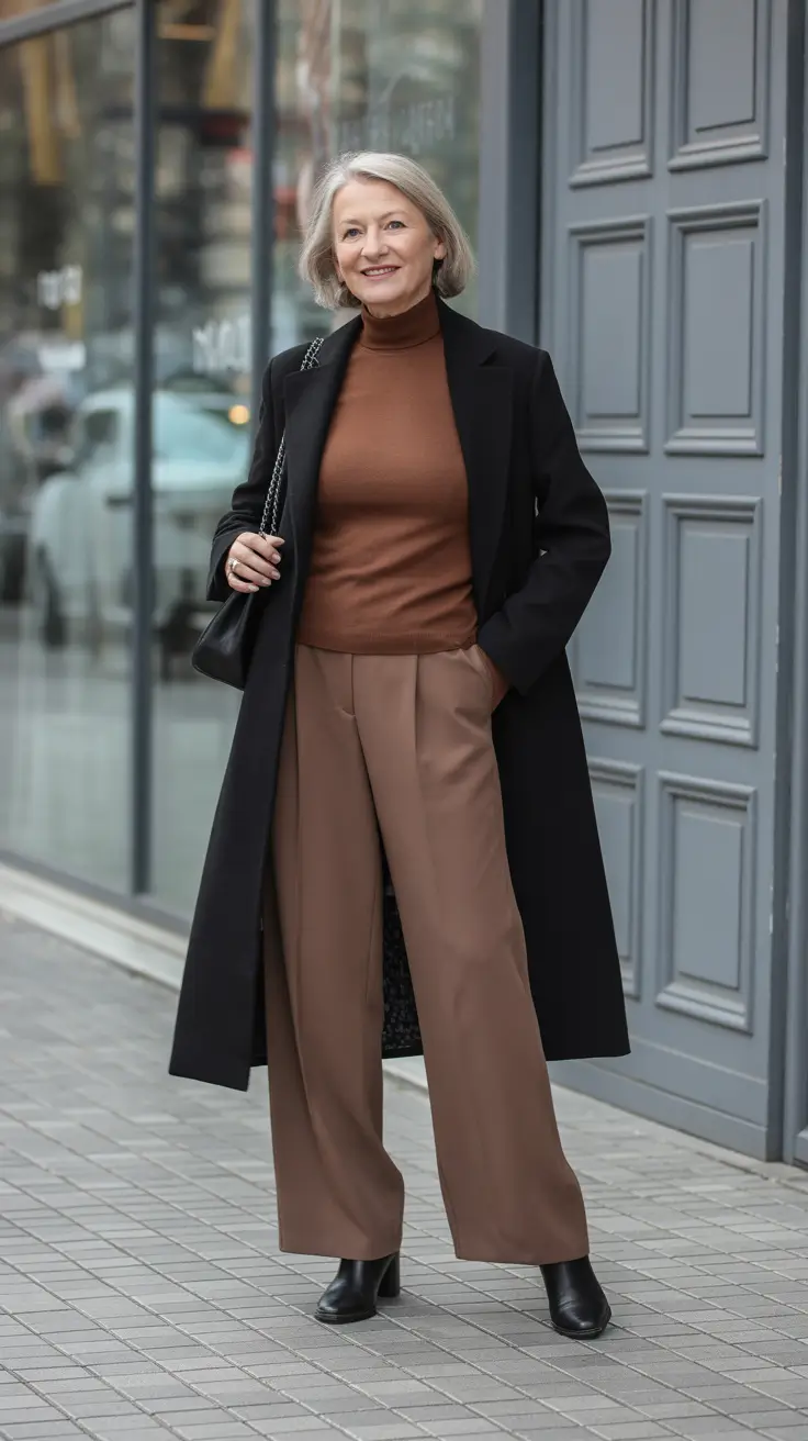 Outfits for Women Over 60 Winter 2025 - 2026 – Black Coat And Camel Trousers - The After-Dark Neutral Moment