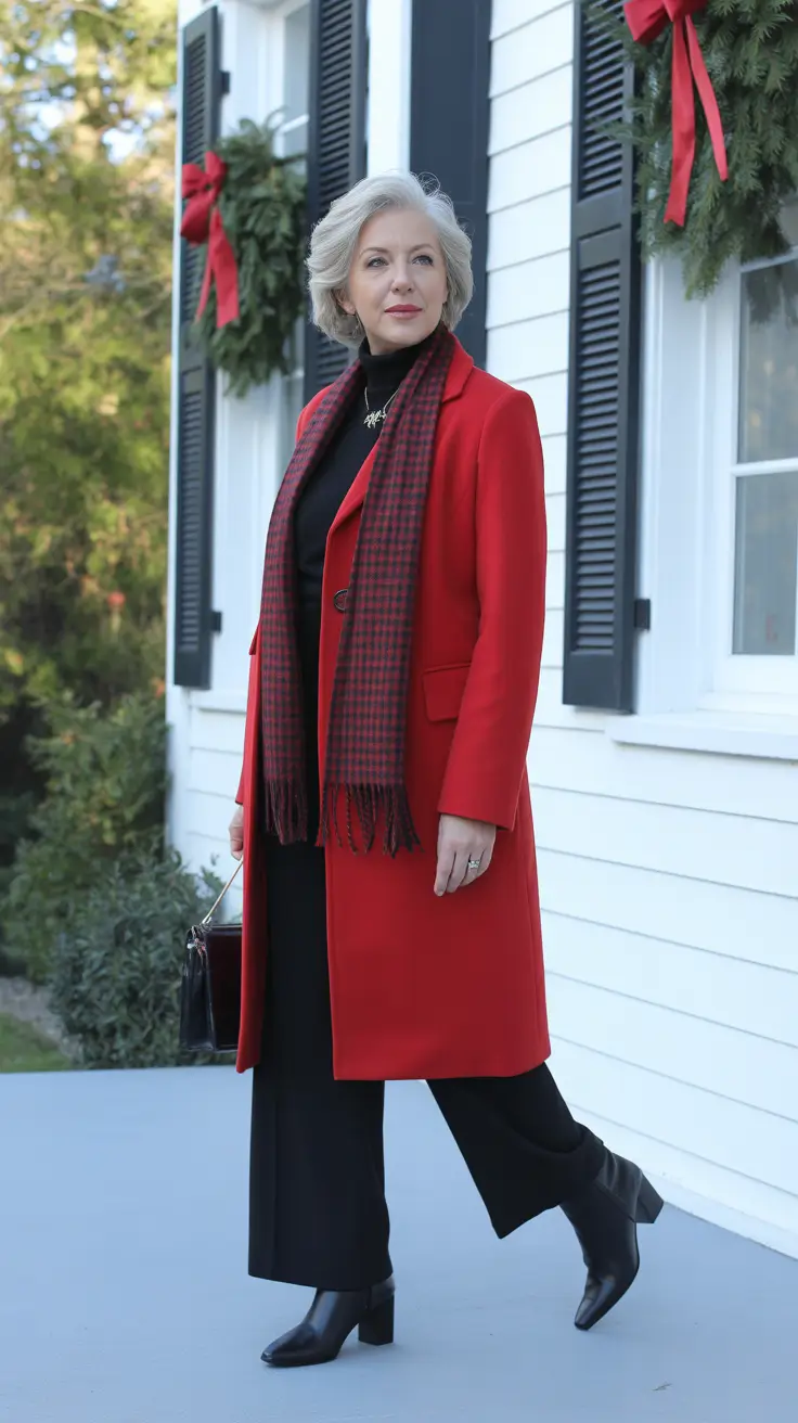 Outfits for Women Over 60 Winter 2025 - 2026 - Red Coat Energy - Black Column With Tartan Scarf