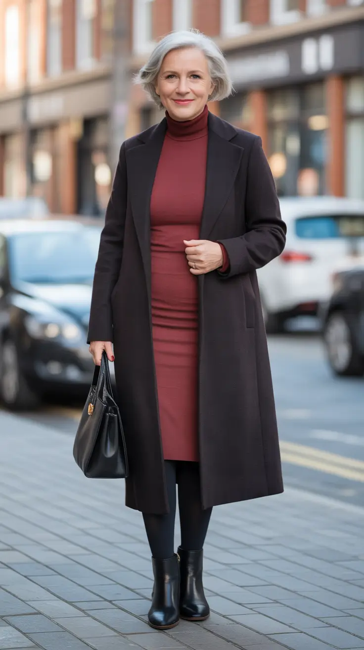 Outfits for Women Over 60 Winter 2025 - 2026 - Merlot Turtleneck Dress - Long Coat and Sleek Ankle Boots